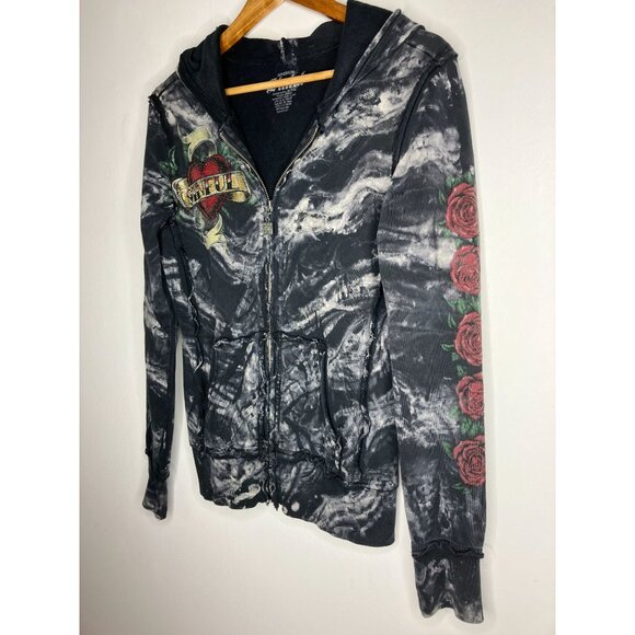 Y2K Sinful Affliction Womens Medium Zip Up Hoodie Black Tie Dye Rose Tattoo Hear - Picture 2 of 13